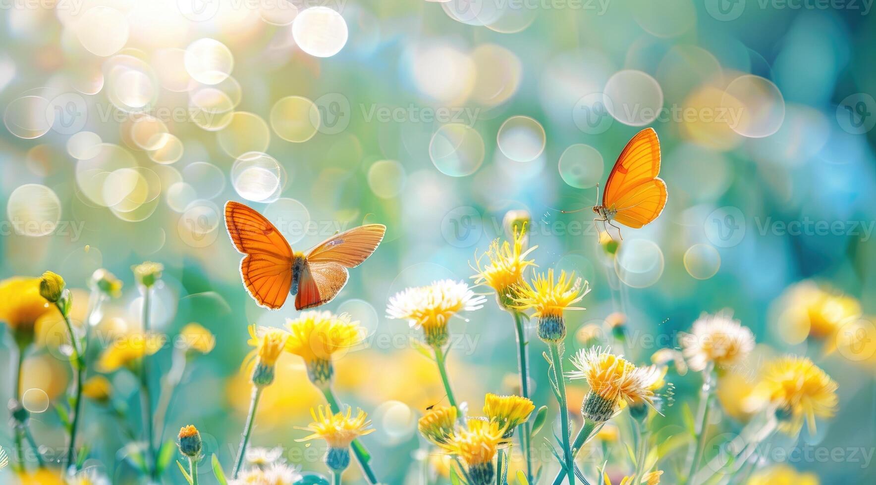 Butterflies on wild yellow flowers in sunlight photo