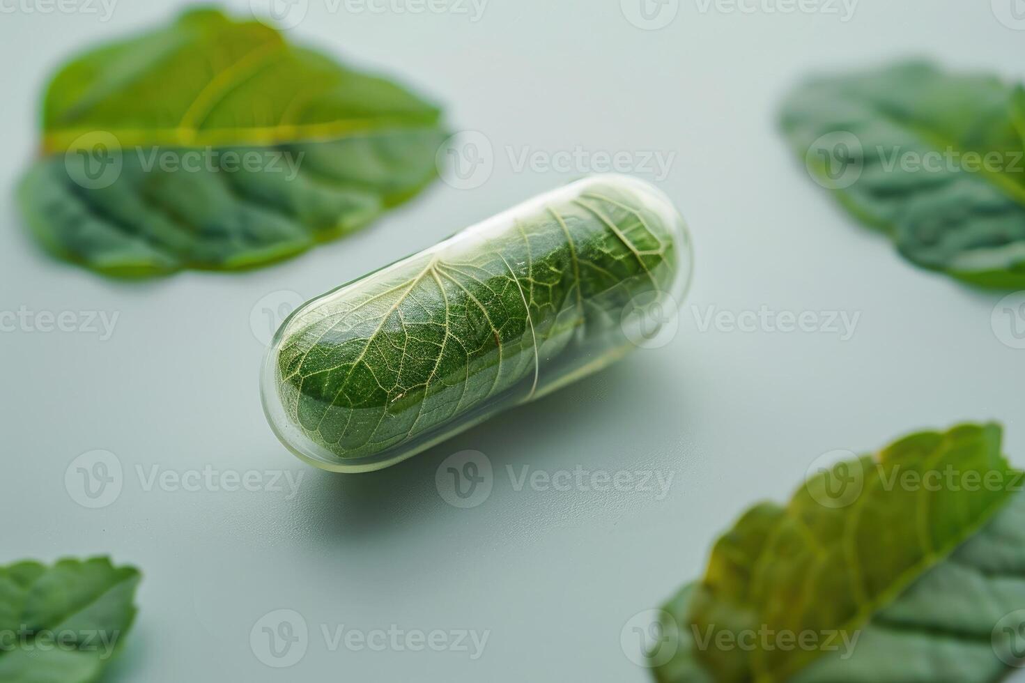 Green leave in capsule. Natural vitamin pills. Alternative medicine. photo
