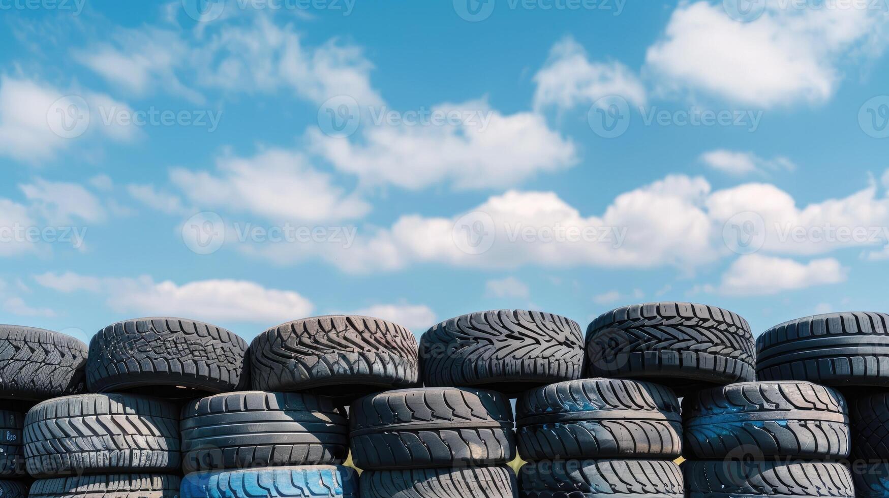Stacked used car tires against blue sky background in tire recycling facility photo
