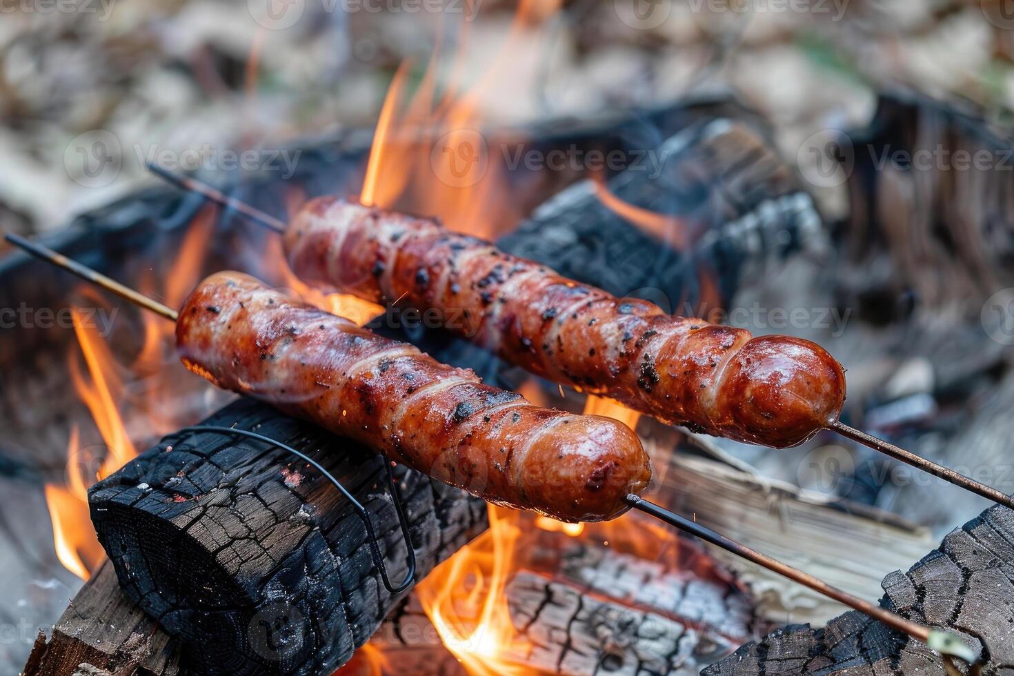 Roasted sausages on a stick over the open campfire. Outdoor food preparation. photo