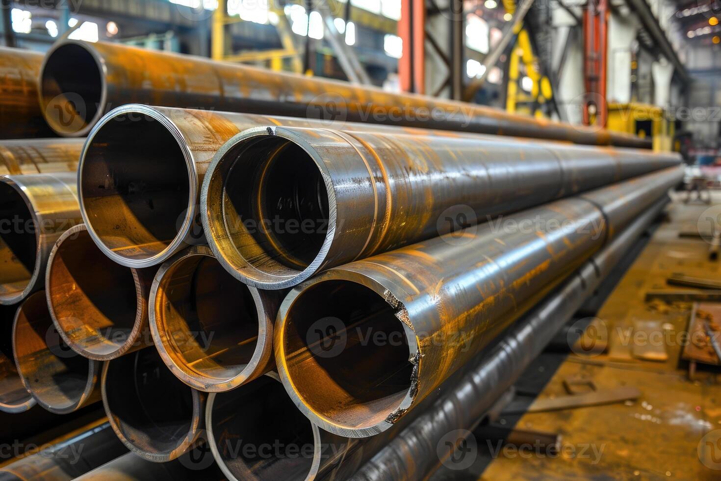 Steel pipes inside the factory or warehouse. Industrial production photo