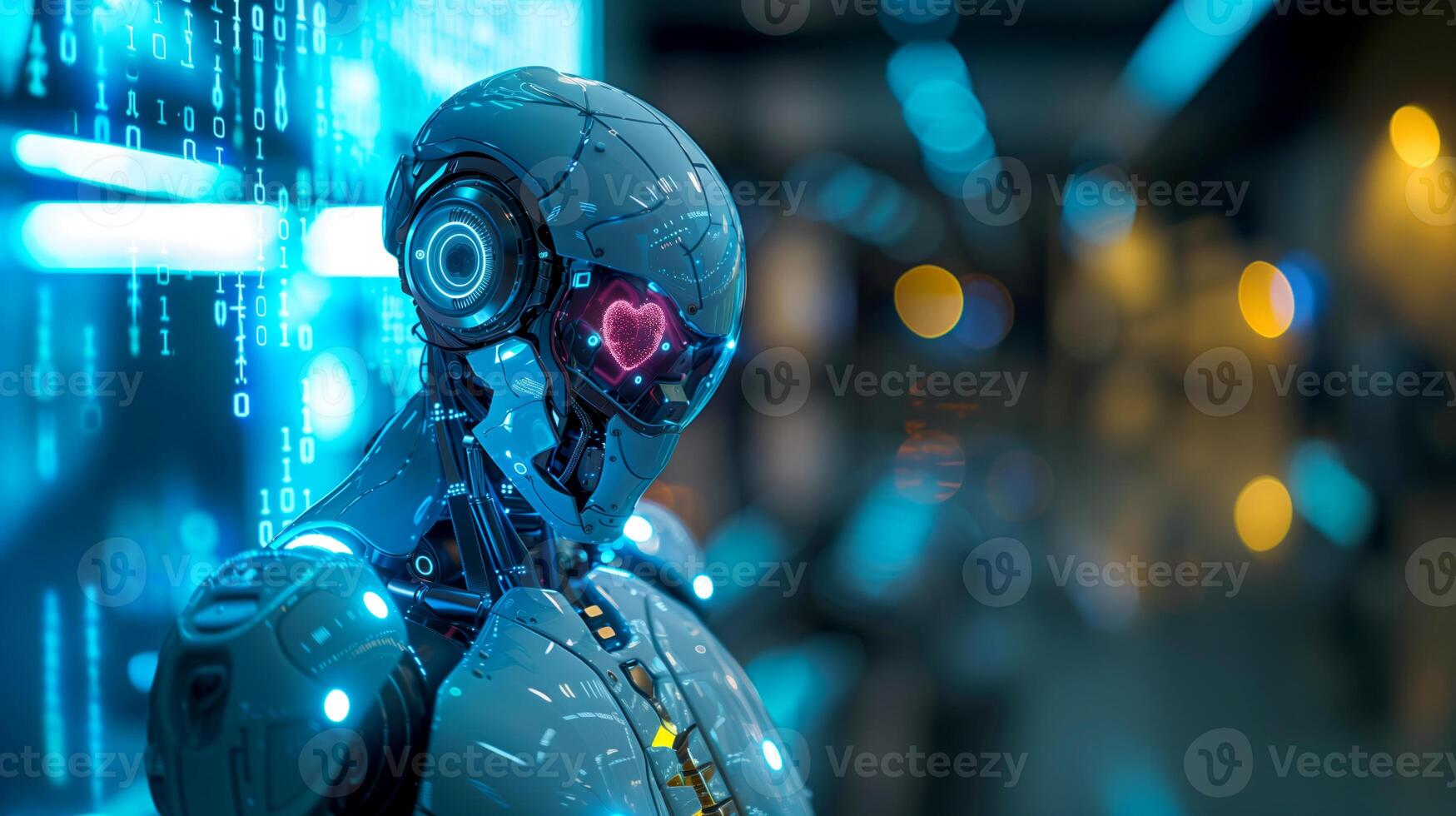 feamale humanoid robot with visible beating pink heart in the eyes, futuristic, cybernetic enhancements, glowing circuits, photo