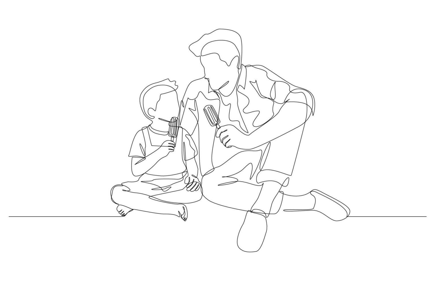 Continuous one line drawing of father and son sitting and eating ice cream together, father and son concept, single line art. vector