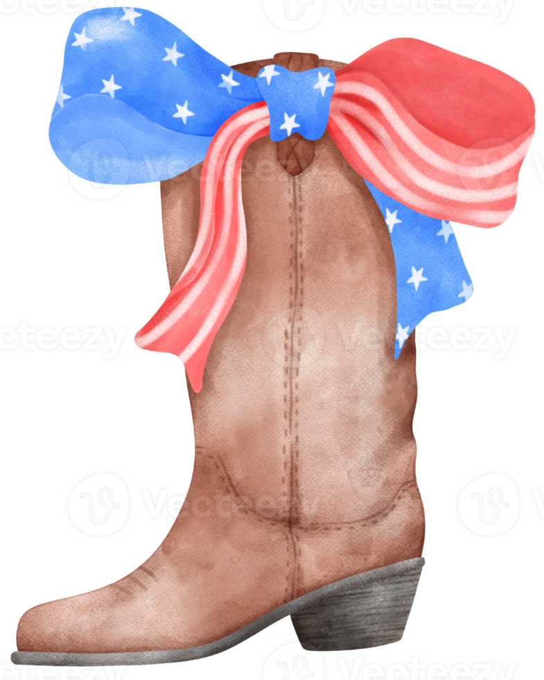 Coquette with Cowboy Boot and 4th of July Ribbon Bow, Patriotic Trendy Art png