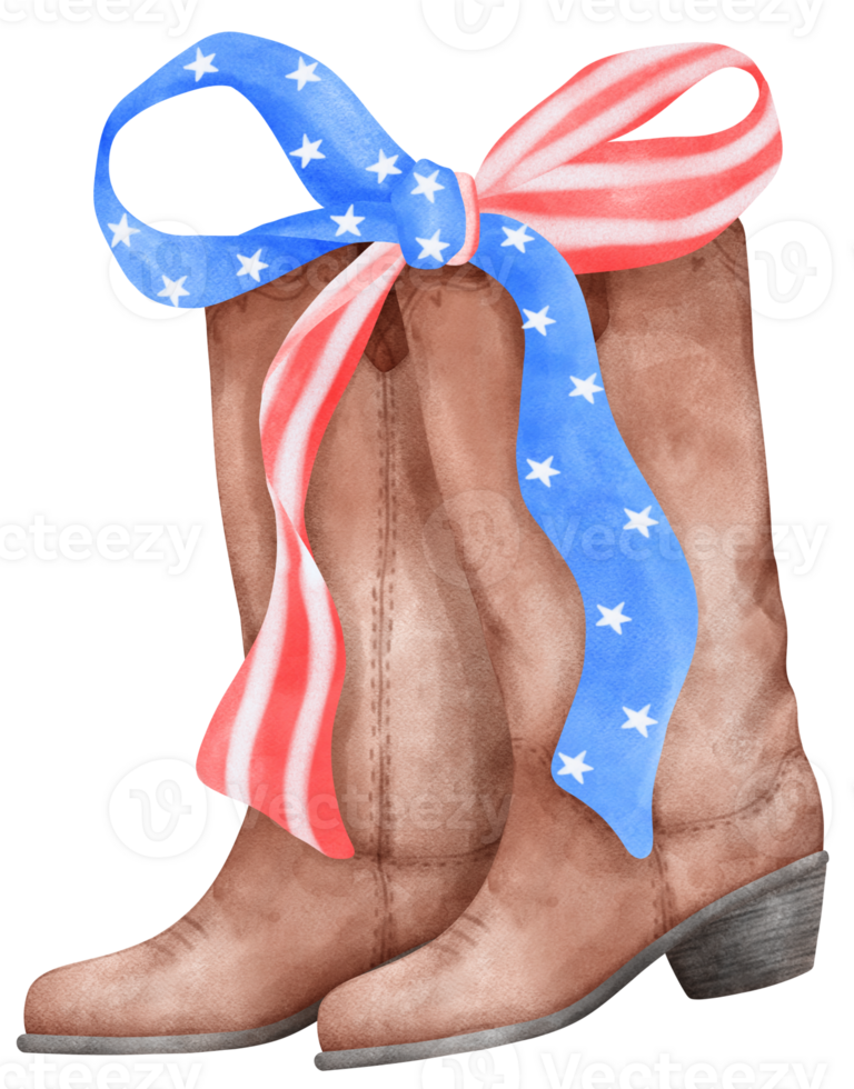 Coquette with Cowboy Boot and 4th of July Ribbon Bow, Patriotic Trendy Art png