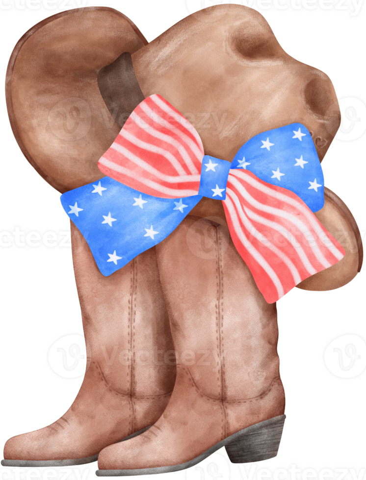 Coquette Cowboy Boot and hat with 4th of July stars and stripes Ribbon Bow, Patriotic Trendy Art png