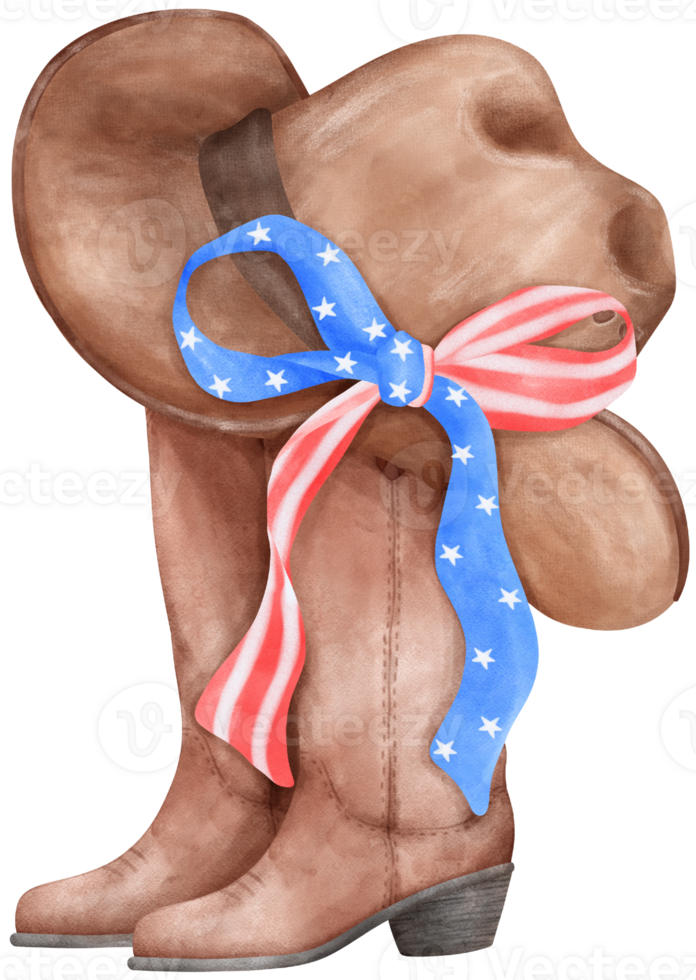Coquette Cowboy Boot and hat with 4th of July stars and stripes Ribbon Bow, Patriotic Trendy Art png