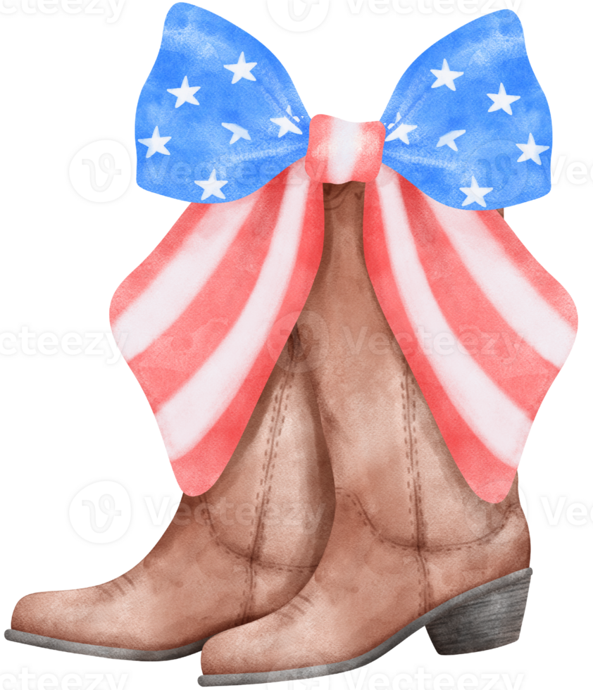 Coquette with Cowboy Boot and 4th of July Ribbon Bow, Patriotic Trendy Art png