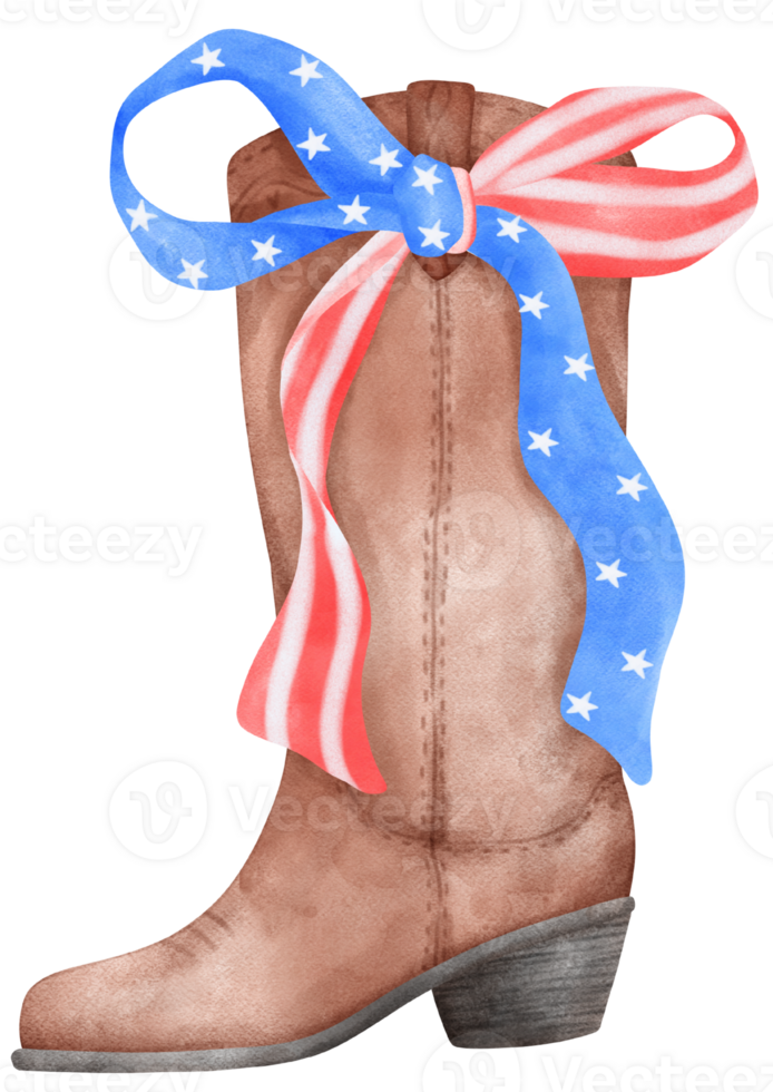 Coquette with Cowboy Boot and 4th of July Ribbon Bow, Patriotic Trendy Art png