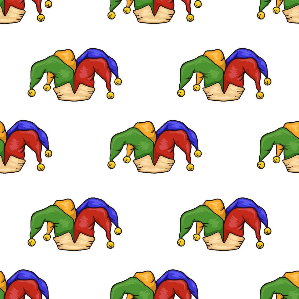 Seamless simple pattern with headdress of medieval jester in cartoon style. Jester hat on white background vector