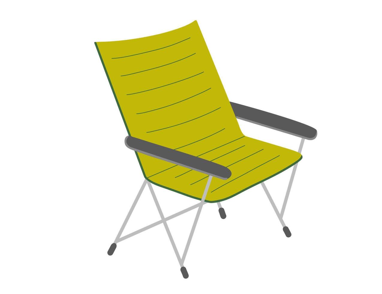Camping portable green chair cartoon flat illustration. Picnic folding chair icon isolated on white vector