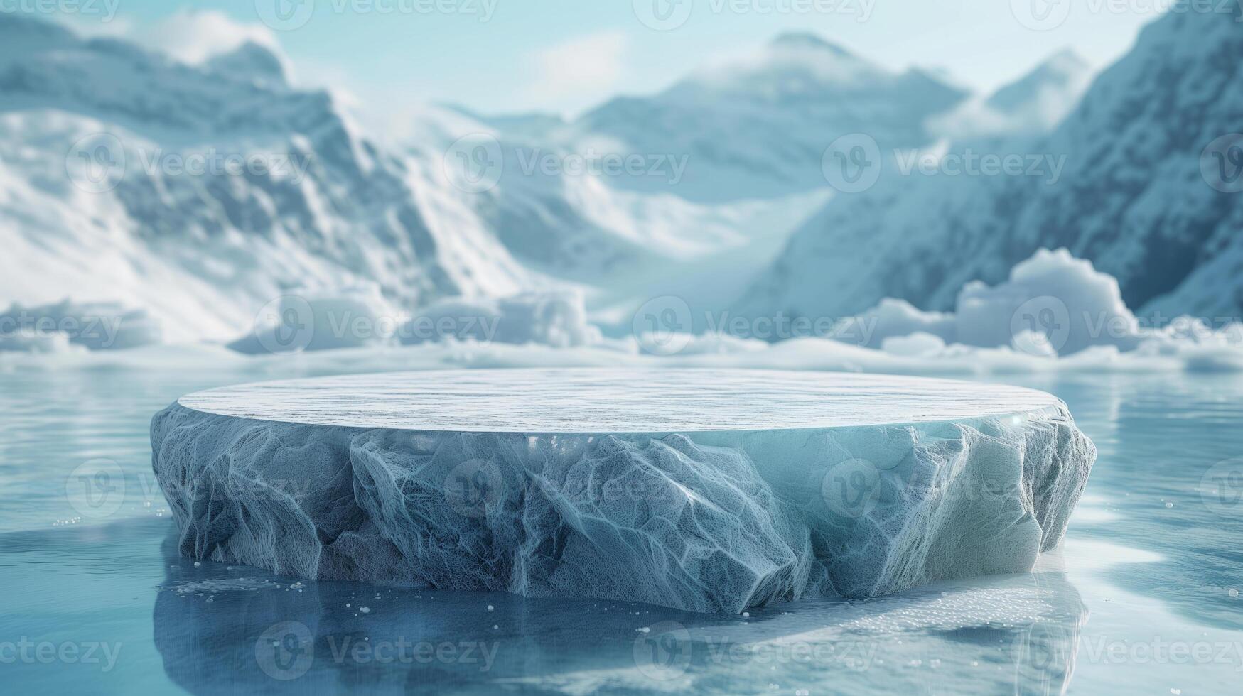 empty ice podium on snow mountain background againts the sky for product presentation photo