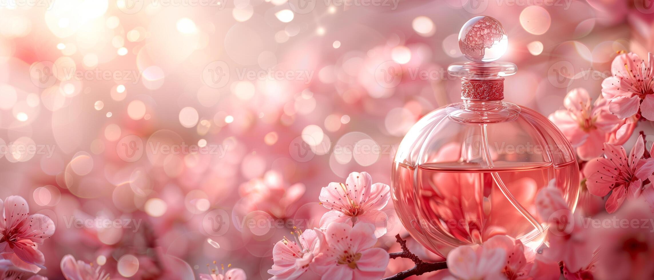 luxury glass perfume bottle with cherry blossom flowers on empty natural pink background theme a wide banner with copy space area photo