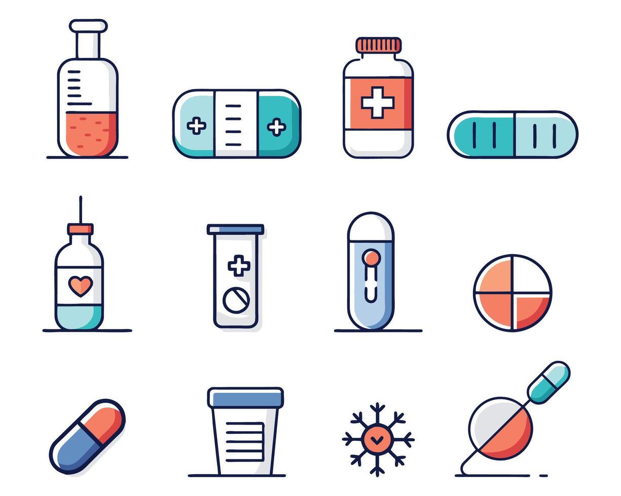 Pharmaceutical dosage froms editable stroke colorful icon set isolated flat pro collection illustration on white background. vector