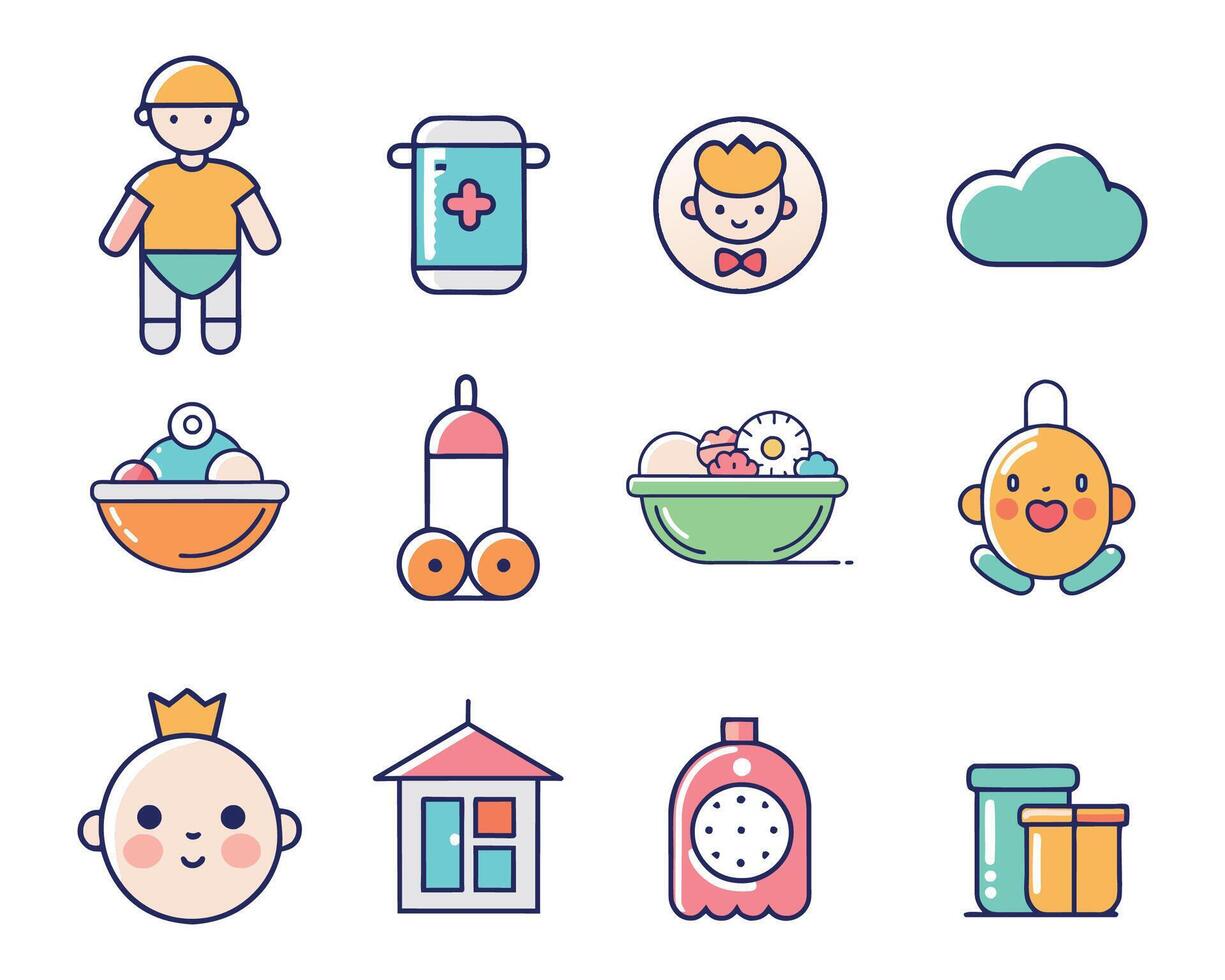 Baby care colorful icon set isolated flat pro collection illustration on white background vector