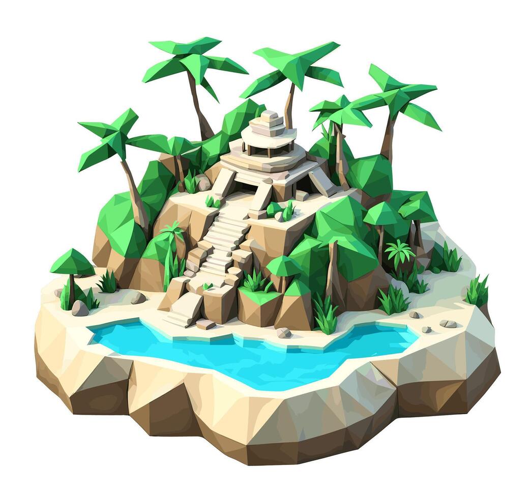 3D isometric low poly of a tropical island with the river, graced with minimalist low-polygon trees. illustration is a creative toolkit for designing in a distinctive style vector
