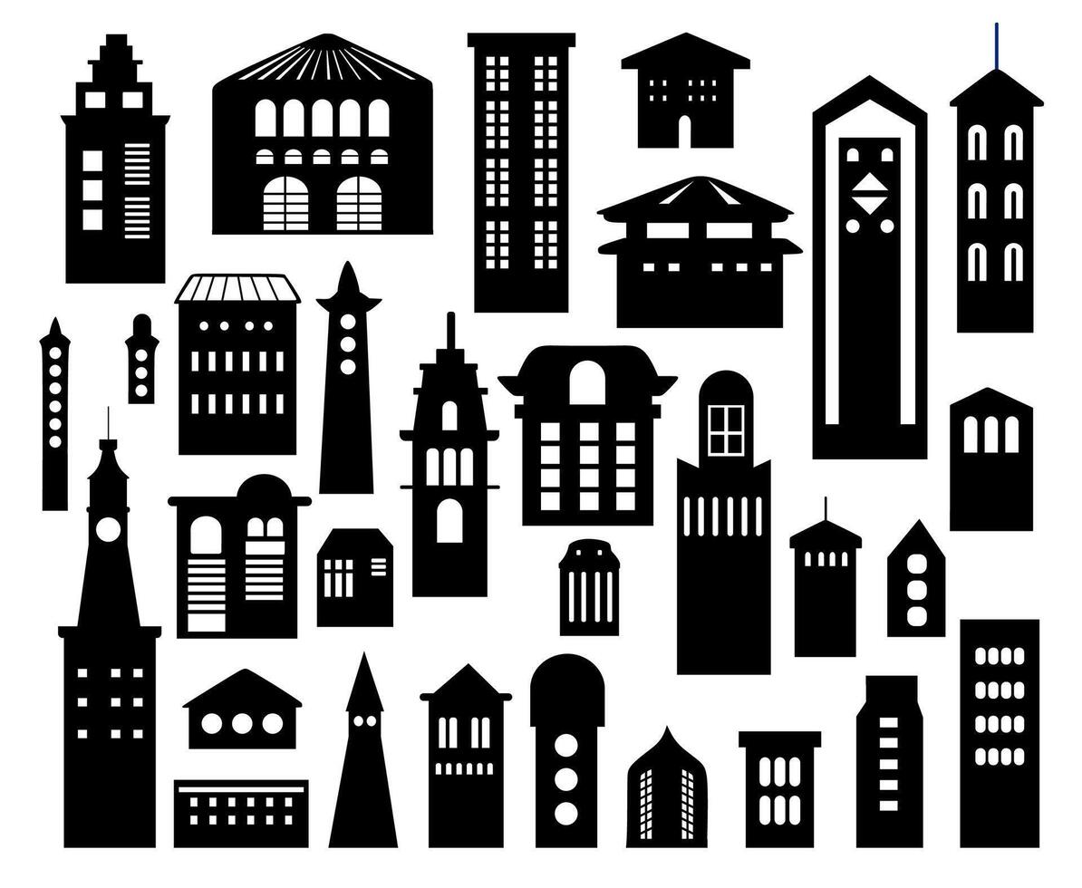 Landscape set of buildings silhouetted on white background. A black outline of low-rise and high-rise complexes and skyscrapers. Structural constructions placed urban objects vector