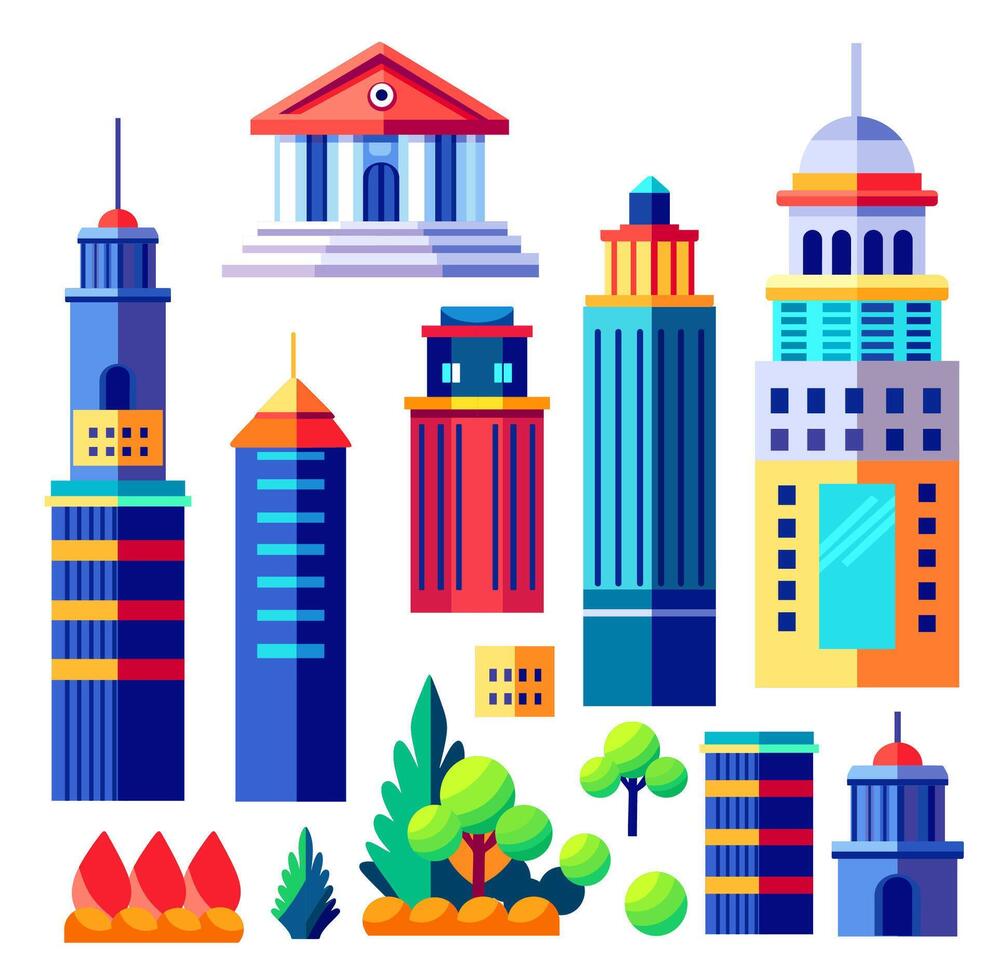 Landscape set of buildings silhouetted on Outline of low-rise and high-rise complexes and skyscrapers. Structural constructions placed urban objects vector