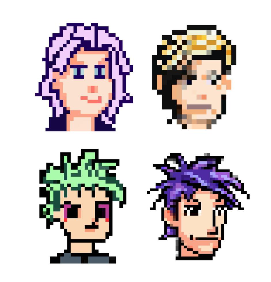 set pixel punk heads of people with different colored hair, various art styles, 8 bits graphics, icons in pictogram of male and fun people female faces vector