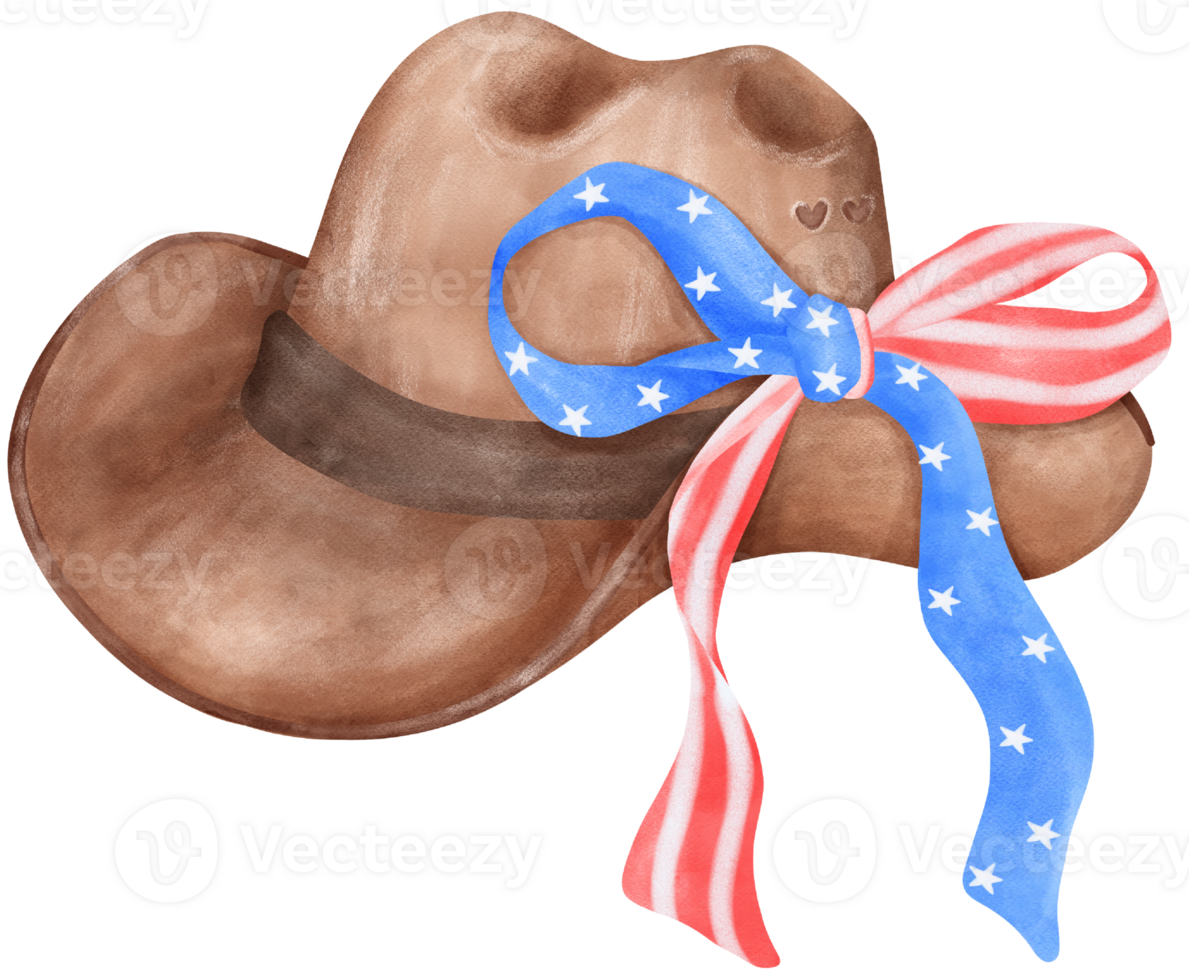 Coquette 4th of July Cowboy Hat Watercolor Illustration with Stars and Stripes Ribbon Bow png