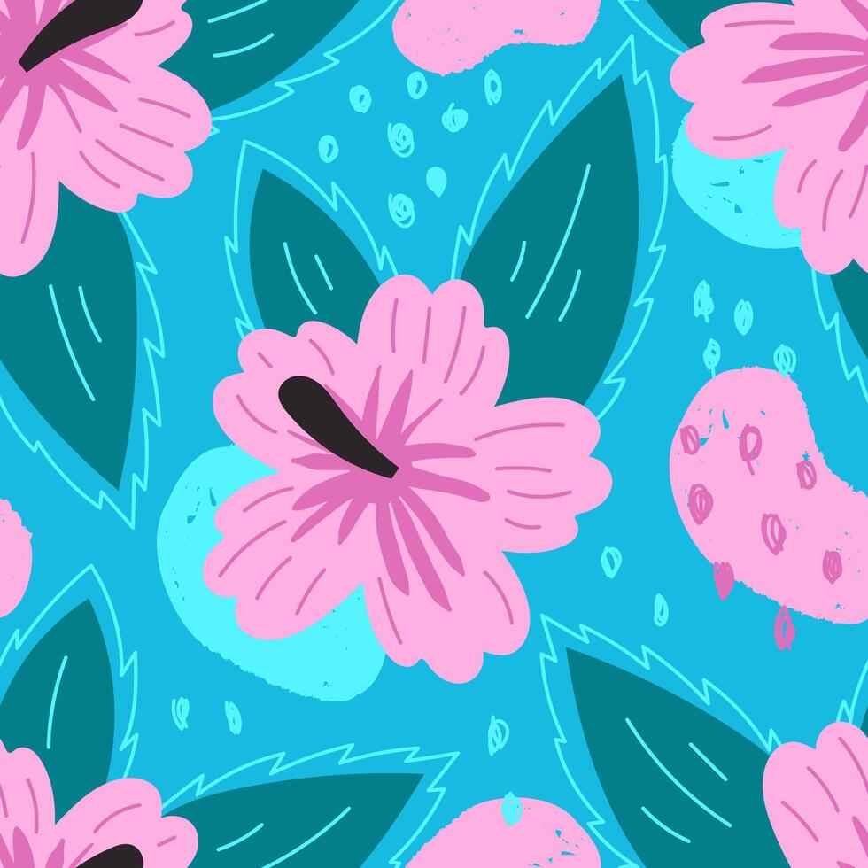 Tropical summer seamless pattern with hibiscus flower and leaves vector