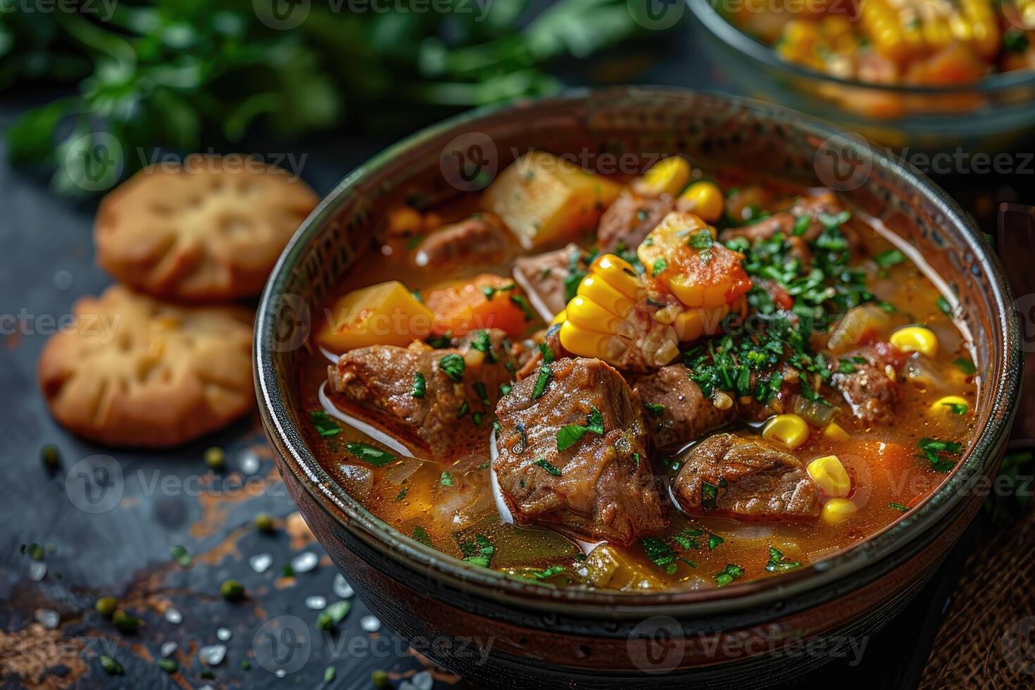 A bowl of corn and pork soup, with large pieces of meat and vegetables in the background. photo