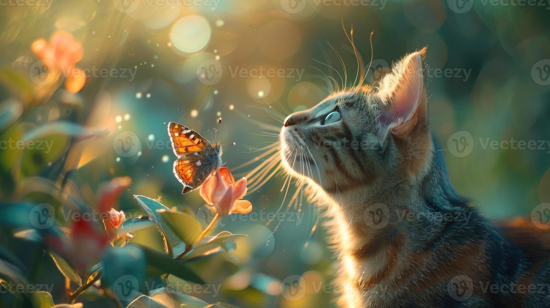 Cat gazing at a fluttering butterfly photo