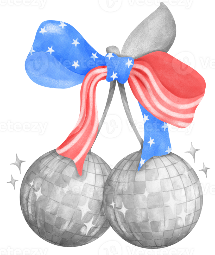 Groovy 4th of July Watercolor Illustration Disco Ball with Stars and Stripes Ribbon Bow png