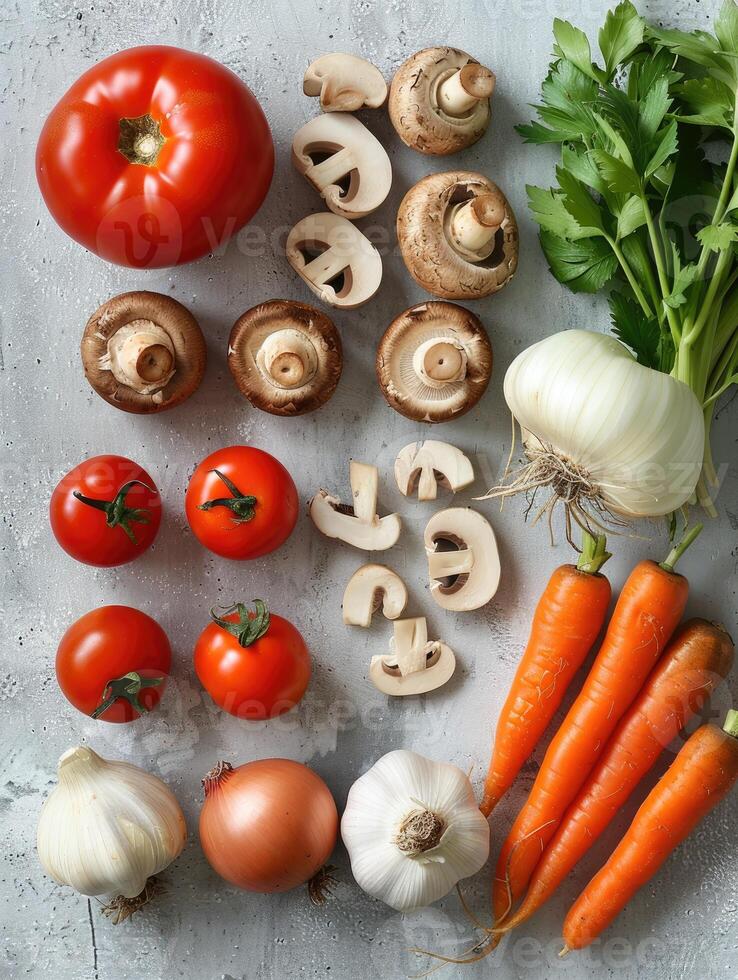 Fresh vegetables like tomatoes, carrots and garlic are neatly organized photo