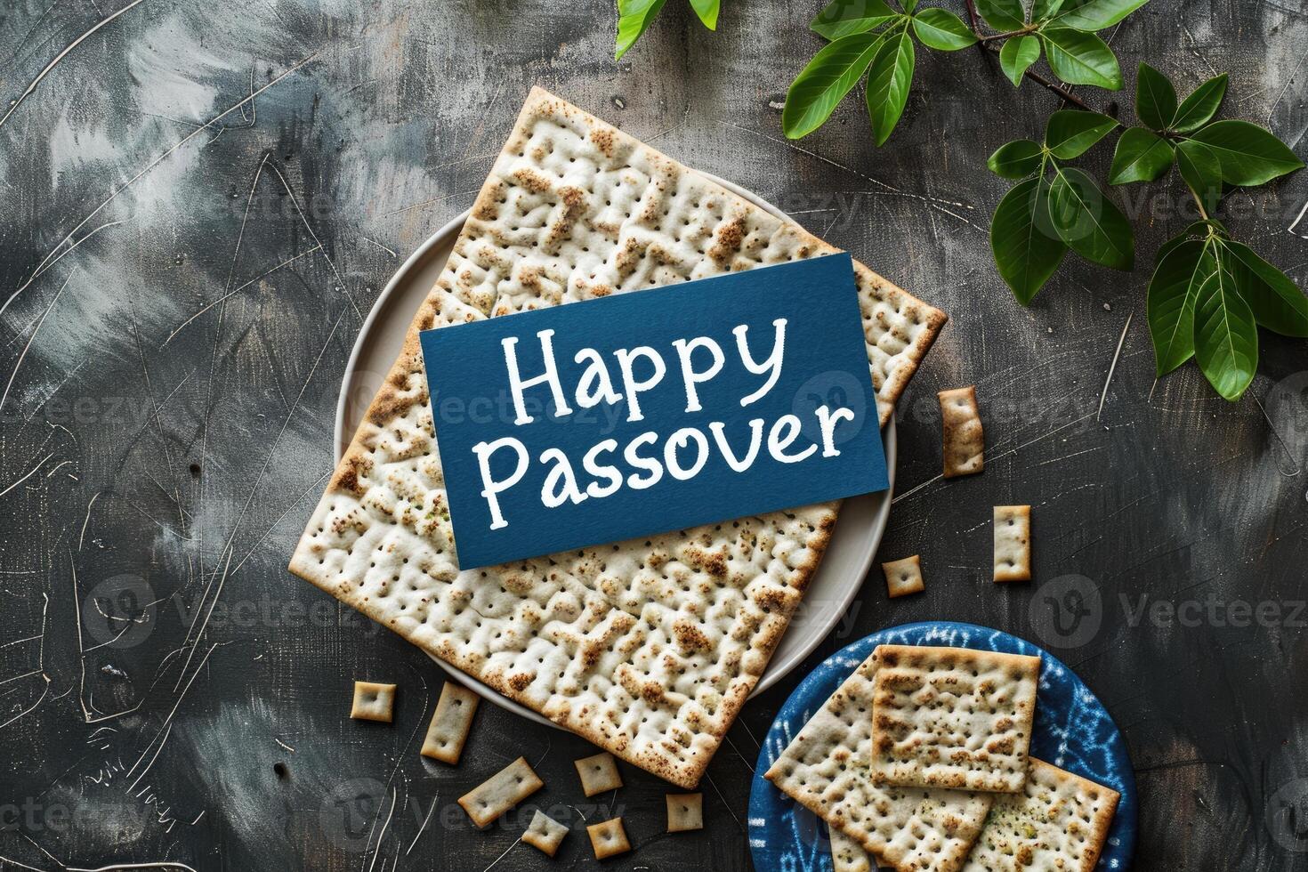 Matzah crackers with the phrase Happy Passover spell out a greeting for the Jewish holiday photo