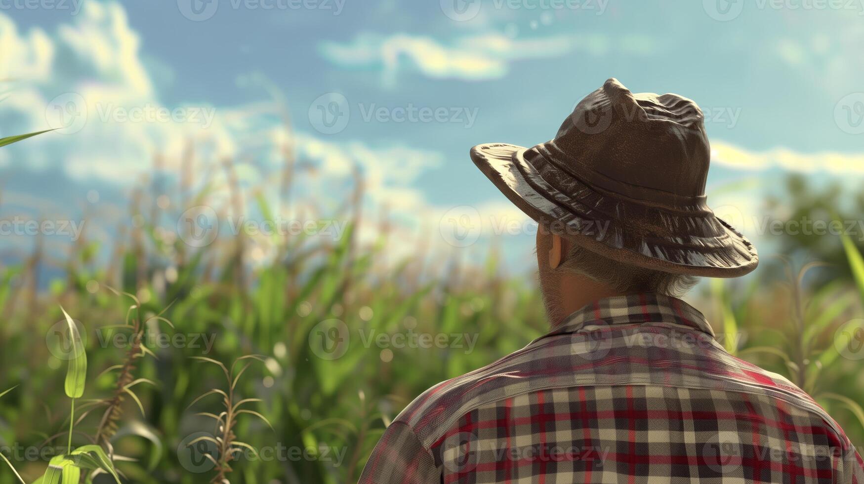 A farmer looking towards the crops. Field landscape from the back. Generated by artificial intelligence. photo