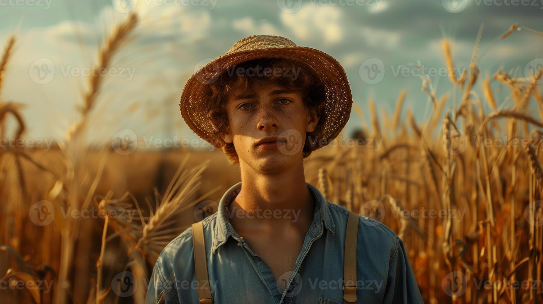 A young angry french agricultor. The field landscape from the back. Generated by artificial intelligence. photo