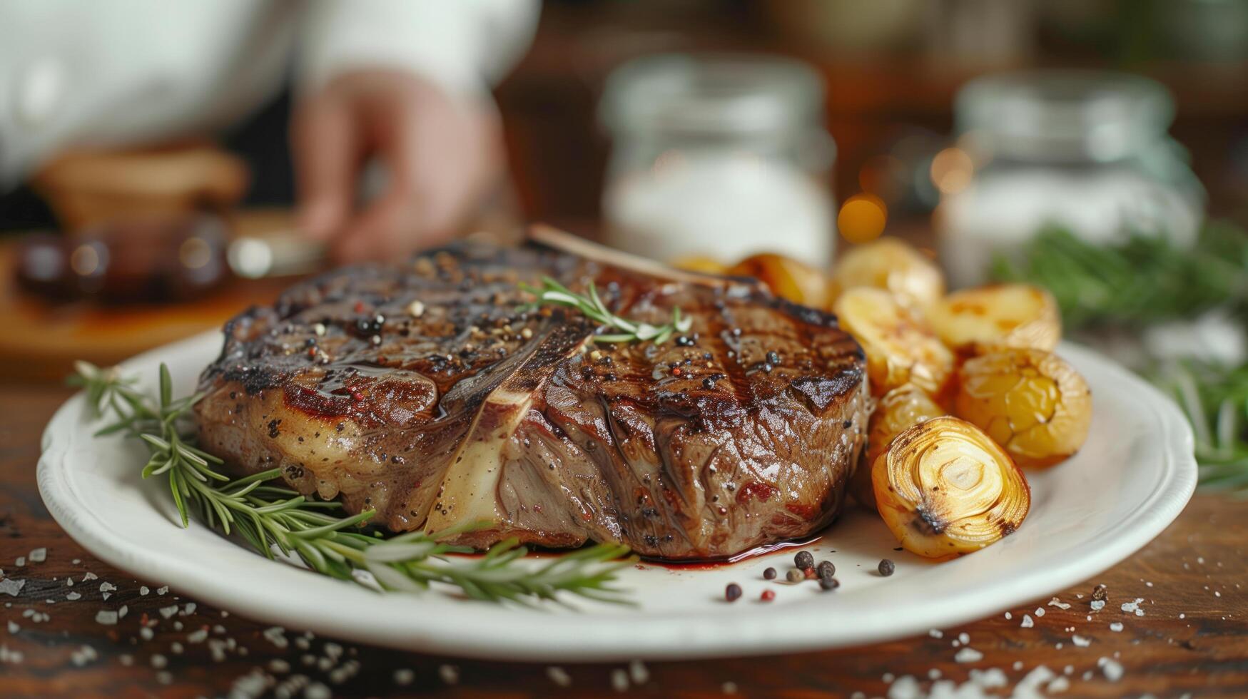Tomahawk steak in a white plate with rosemary and garlics on kitchen background, juicy beef steak photo