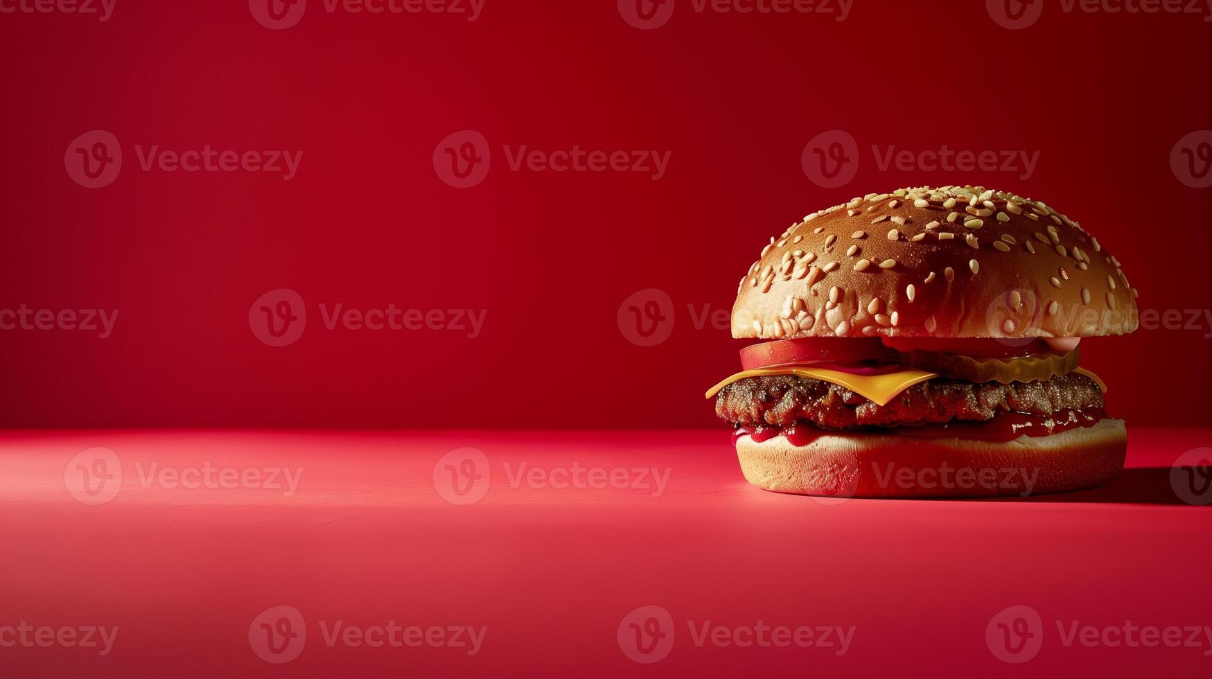 A burger on mono color studio with red background, product shooting vibes, the burger patty looking delicious. Generated by artificial intelligence. photo