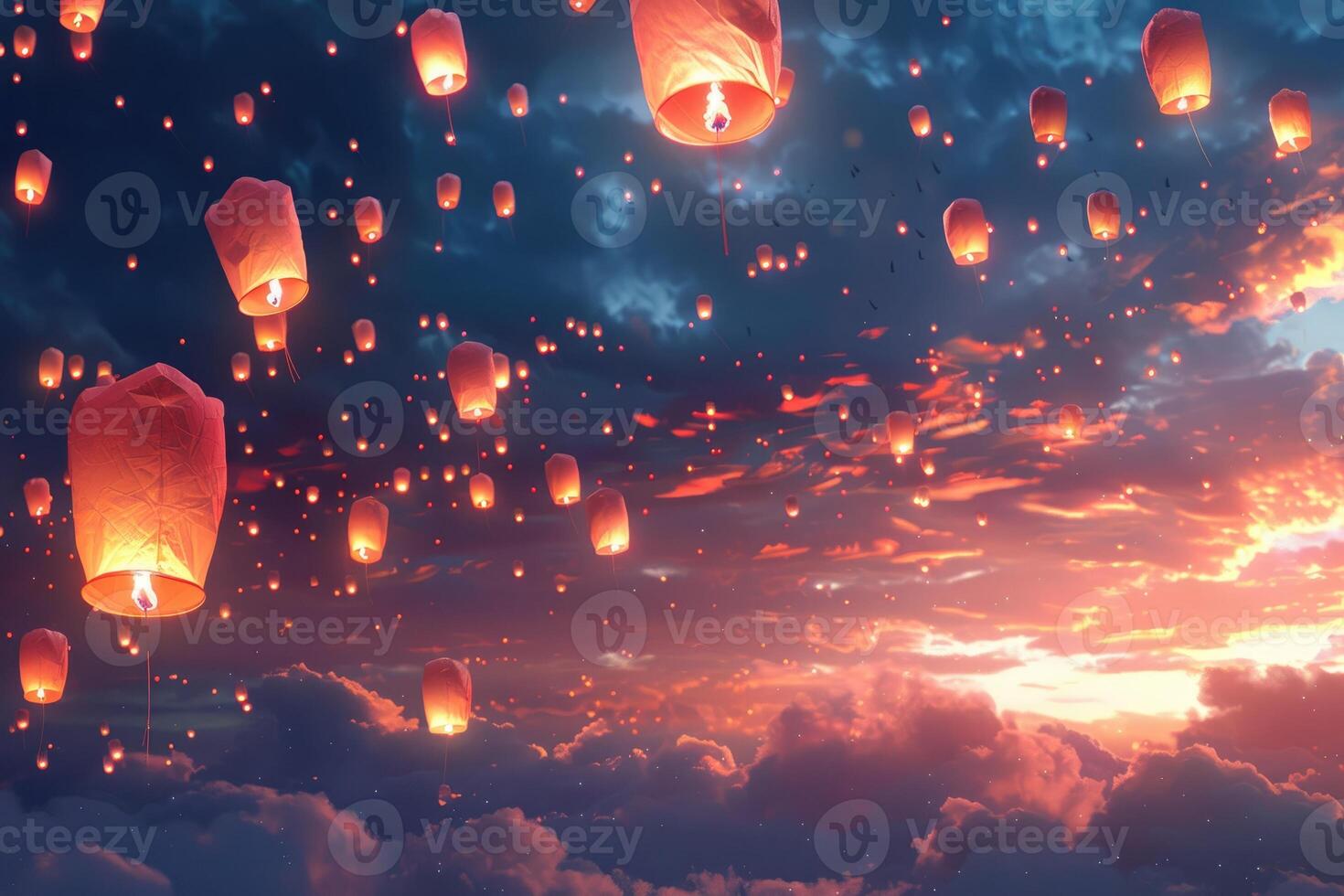 Floating lanterns ascending into a dusky sky, symbolizing hope and celebration photo