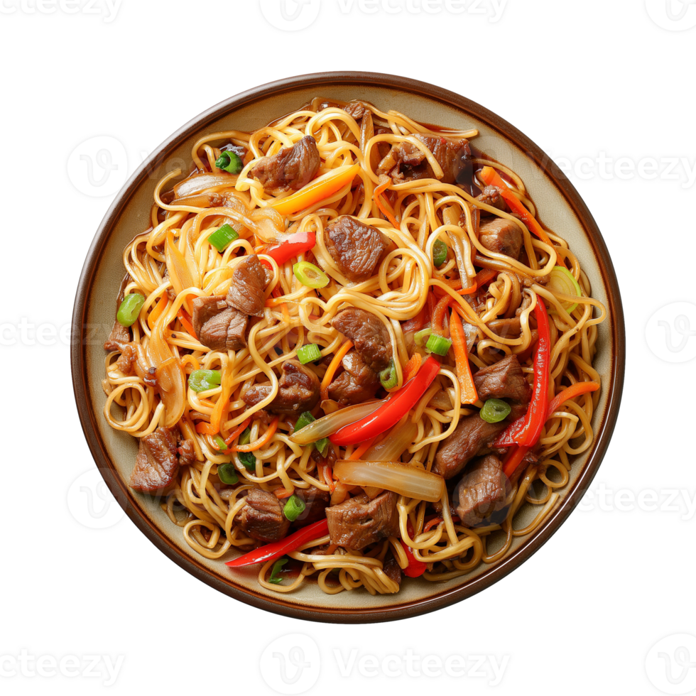 a top view plate of fried noodles with meats and vegetables isolated on a transparent background, png
