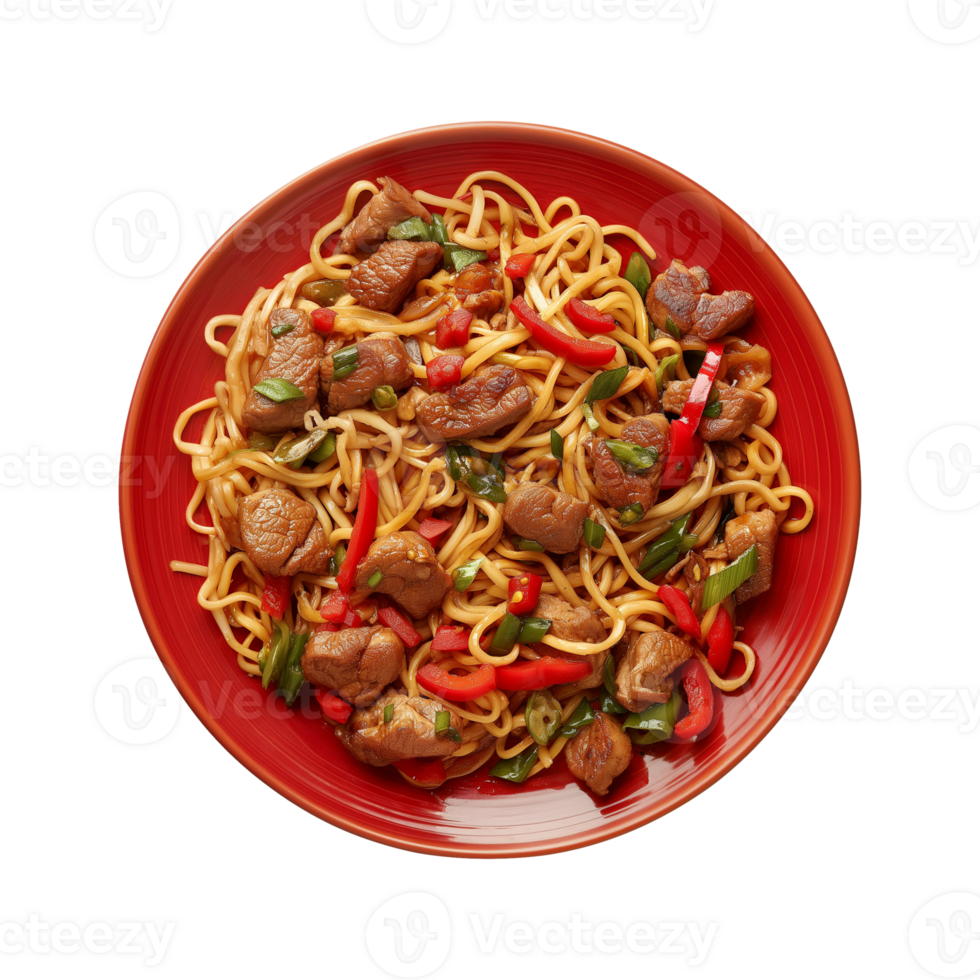 a top view plate of fried noodles with meats and vegetables isolated on a transparent background, png