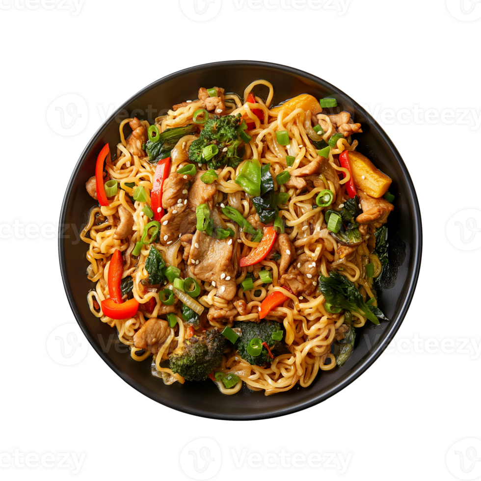 a top view plate of fried noodles with meats and vegetables isolated on a transparent background, png