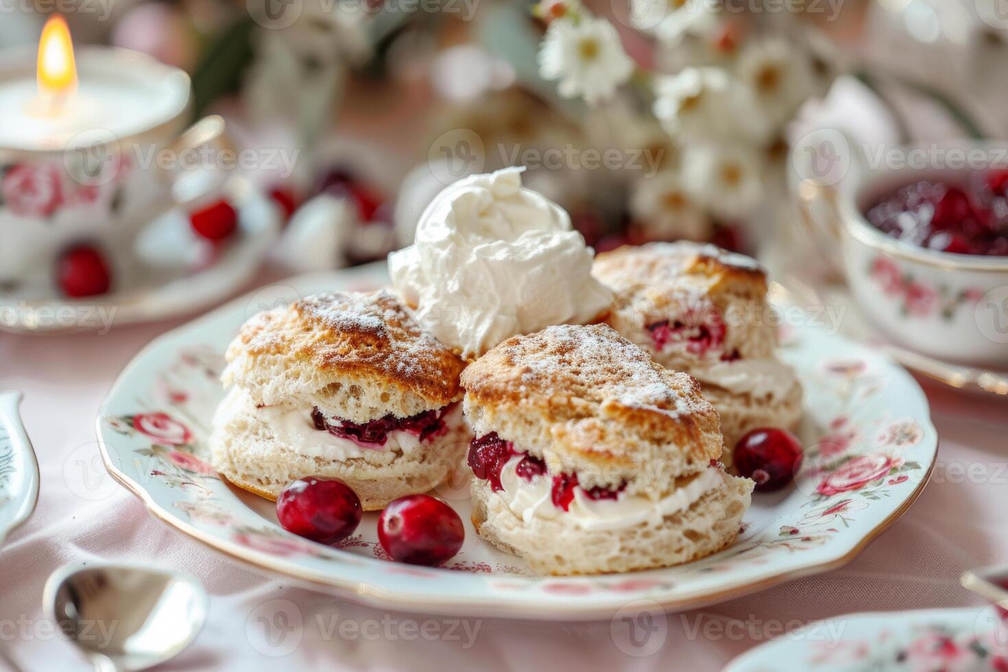 Plate of Cranberry Scones Covered in Powdered Sugar on Table photo