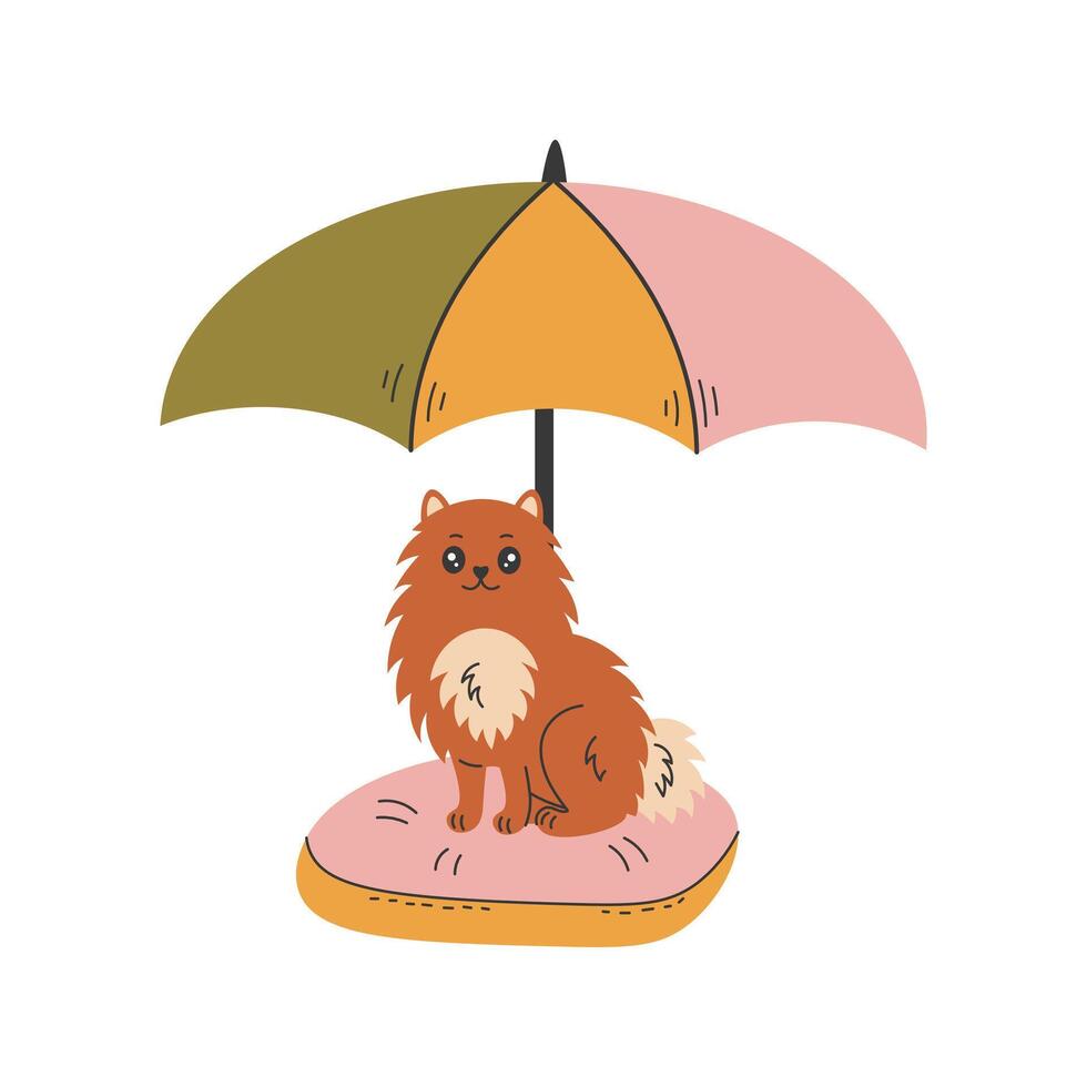 Spitz dog resting under a beach umbrella vector