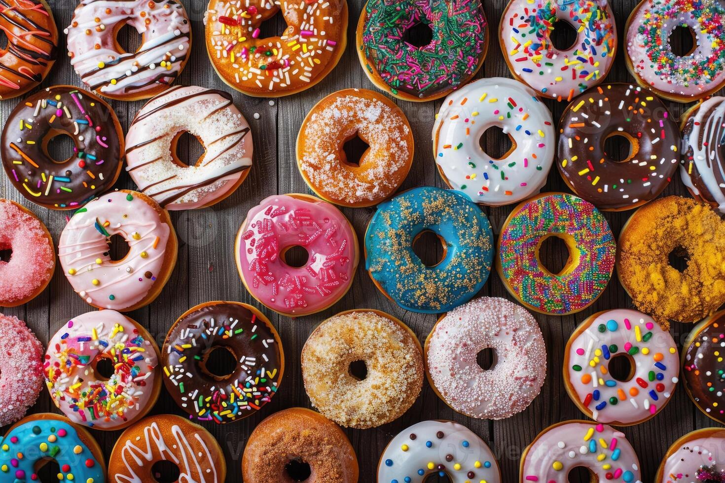 Top view of many colorful sweet delicious donuts. photo