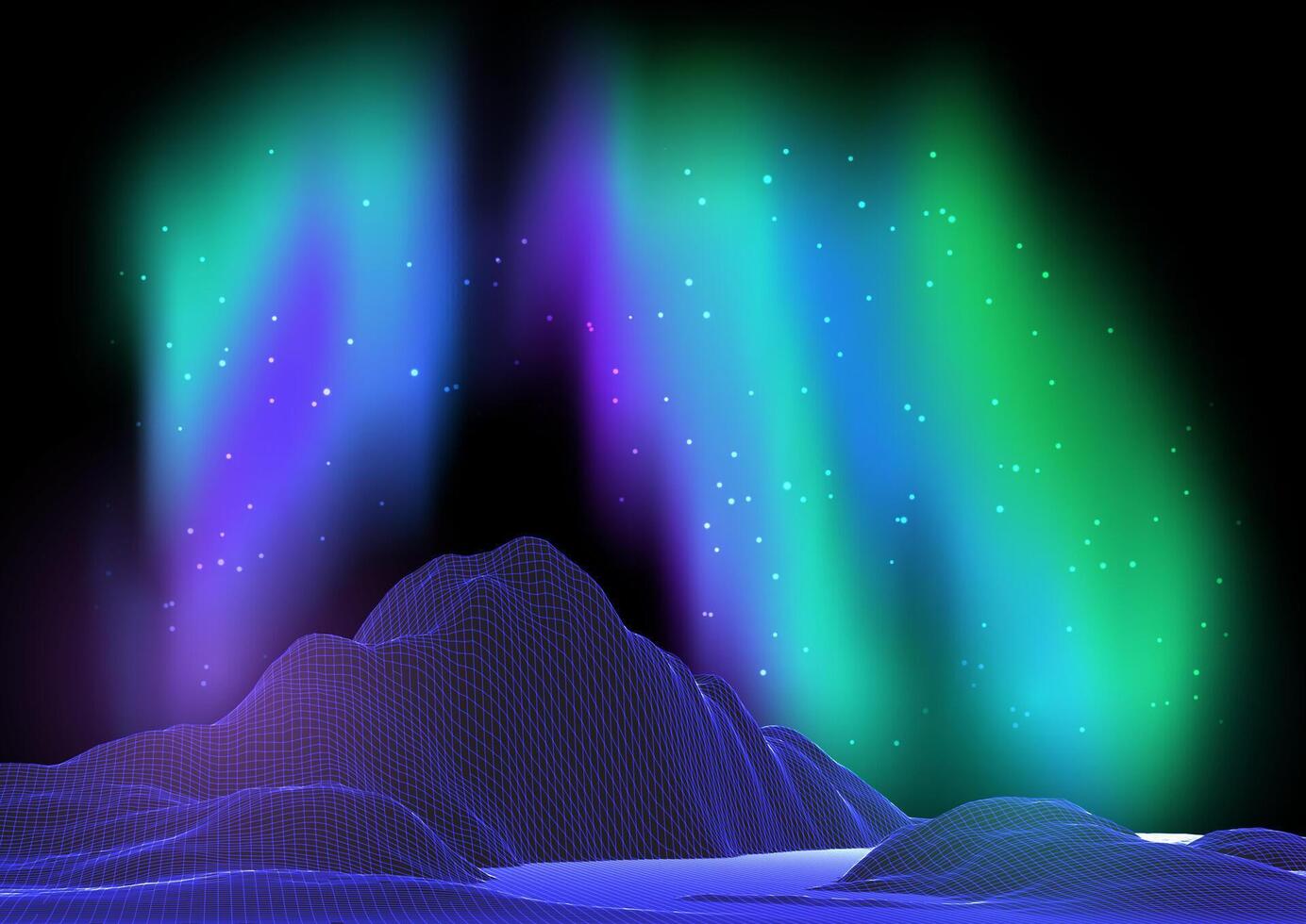wireframe landscape against a sky with northern lights vector