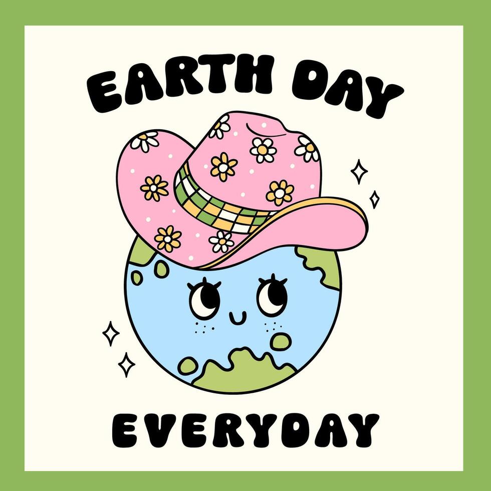 Retro Earth Day, cowboy globe Pastel Doodle Drawing Cartoon Character, shirt design printable. vector