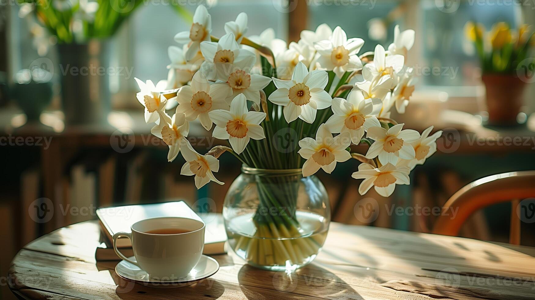 A table with books stacked on it, next to a vase with a large bouquet of a narcissus flowers, and a cup of hot tea. Generated by artificial intelligence. photo