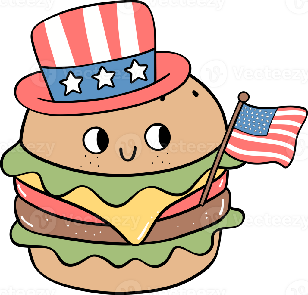 Retro Groovy 4th of July food hambuger Independence day festive cartoon doodle drawing png