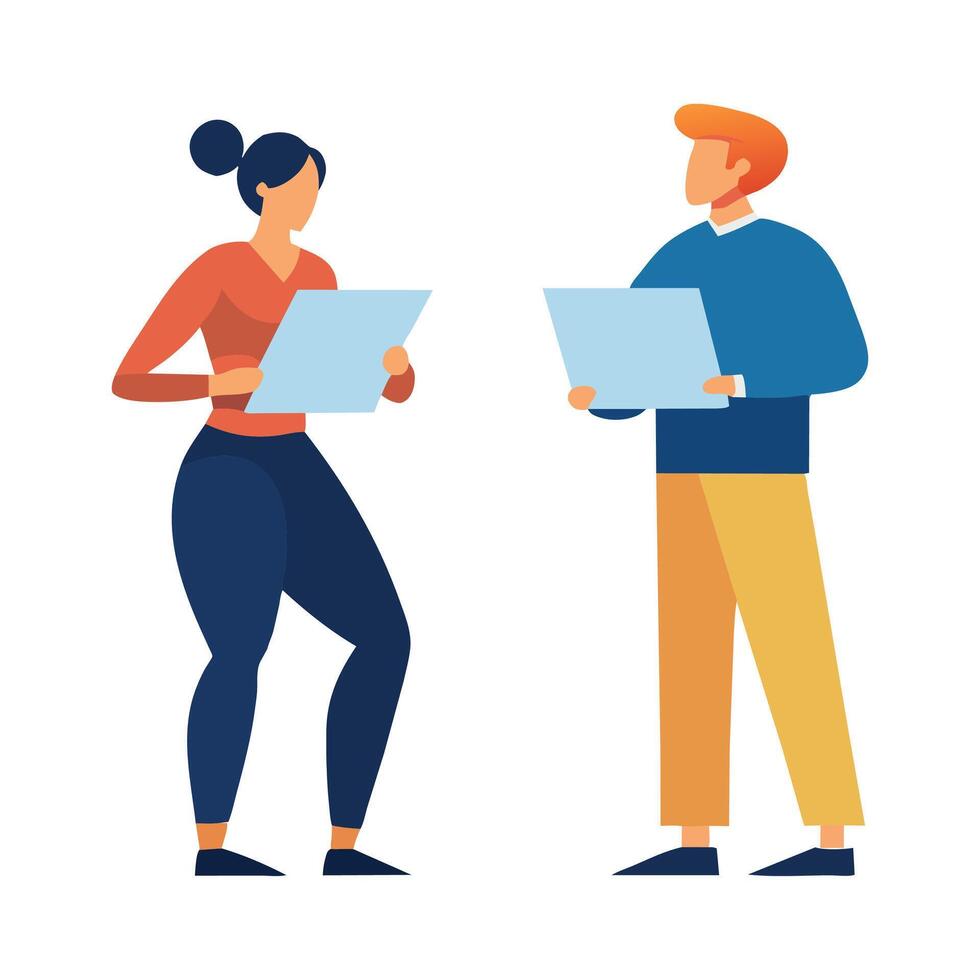 Business Man and woman stand hand with art board for business project flat illustration on white background. vector