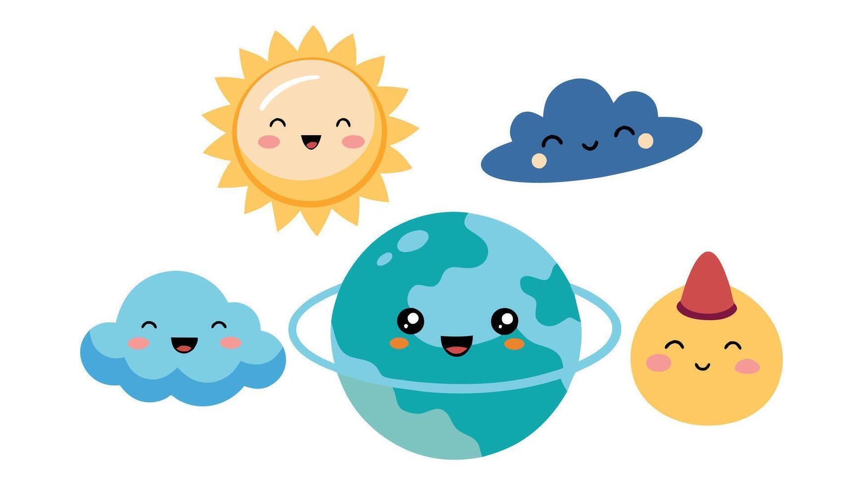 Retro weather characters. Cartoon nature mascots cute earth funny sun cloud smiling star and planet with emotion. Poster with comic elements. set. vector