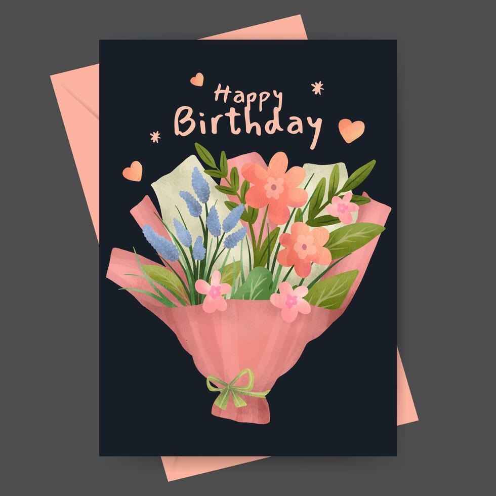 Birthday greeting card with flowers bouquet illustration vector