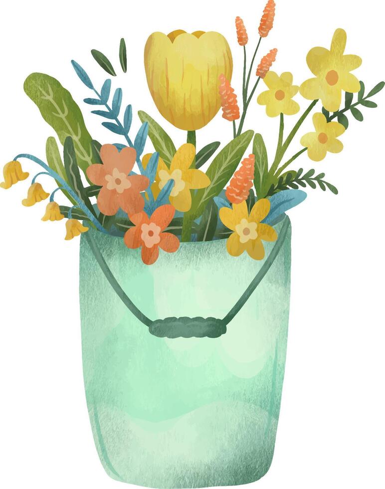 Spring flowers in blue bucket. floral illustration for card print fabric or poster vector