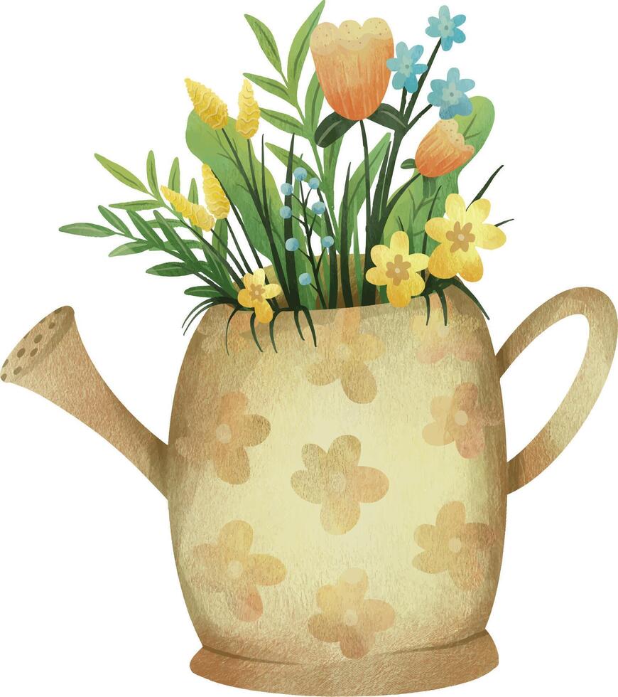 Spring flowers in a garden watering can. floral illustration for card print fabric or poster vector